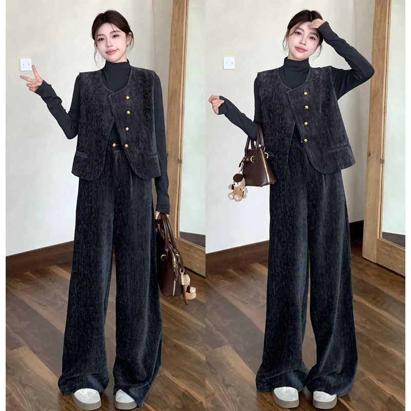 大码胖mm秋冬新款减龄休闲马甲阔腿裤套装秋冬老钱风三件套装女