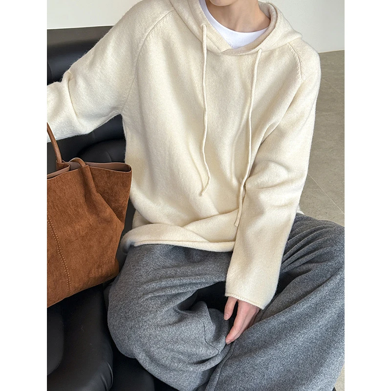 早秋新款绒帽衫针织套头长袖宽松衫百搭毛衣纯色保暖休闲卫衣秋冬