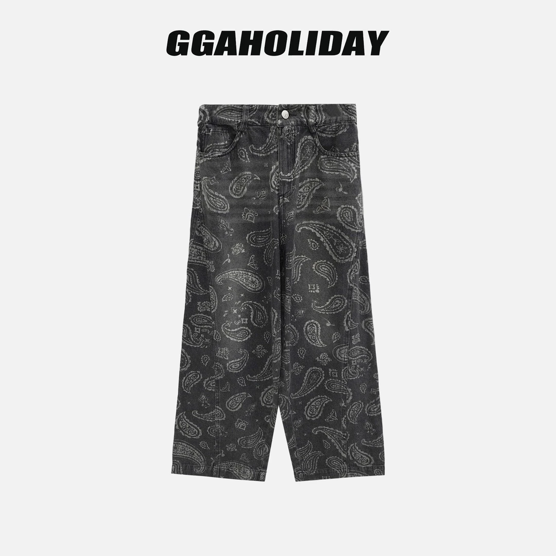 GGAHOLIDAY复古高街宽松休闲裤街头腰果花阔腿牛仔长裤-153240