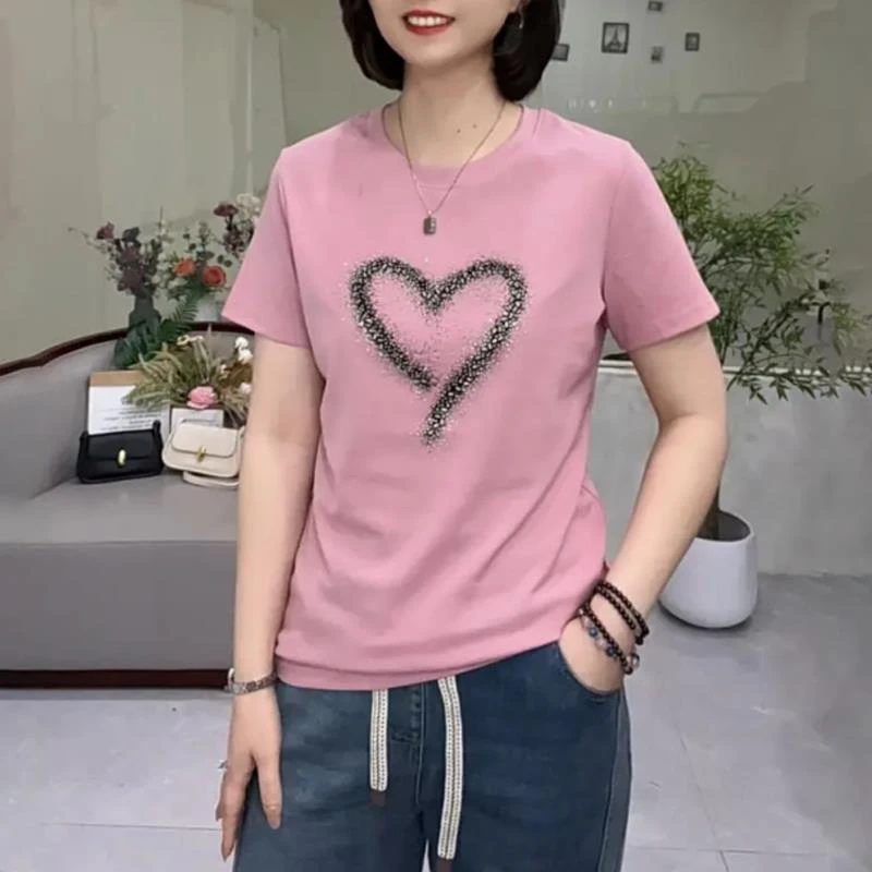 杜拉妮妈妈装圆领爱心印花烫钻打底衫时尚女夏季短袖T恤减龄百搭