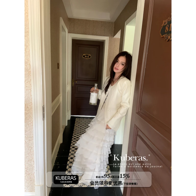 KUBERAS 长款宽松蕾丝边压皱雪纺半身裙法式气质高级感层层长裙