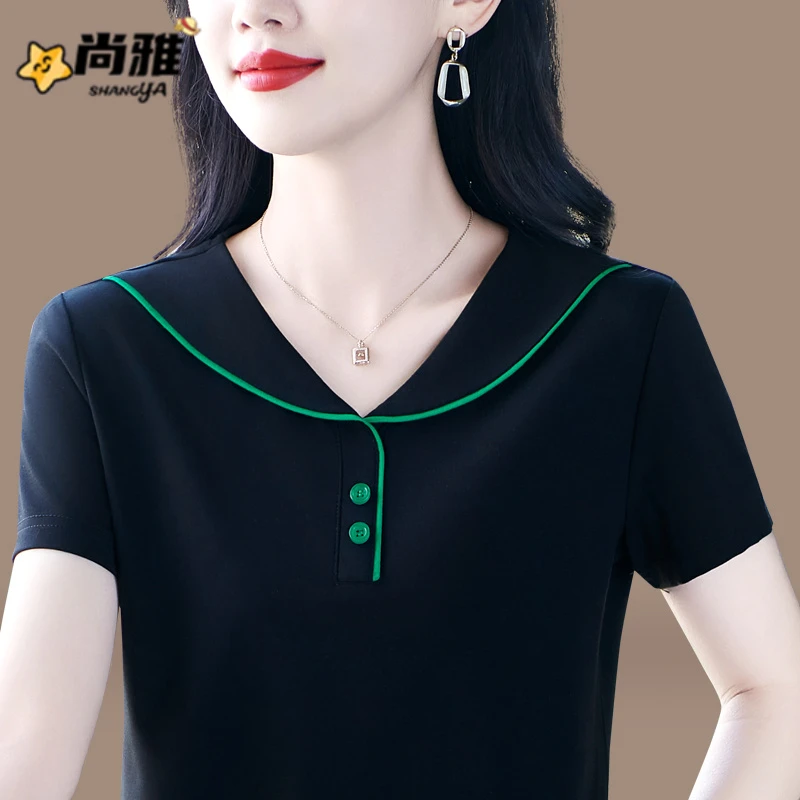 冰丝短袖t恤女夏季2025新款时尚洋气中老年女士海军领宽松上衣