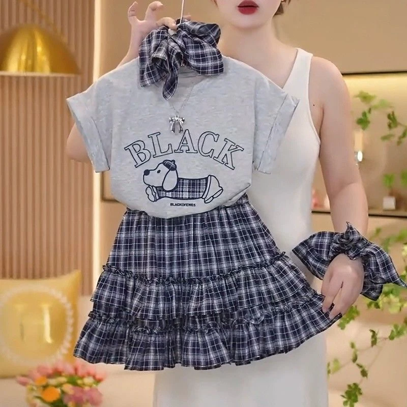 女童短袖夏装套装中大童新款洋气儿童夏季休闲女孩格子短裙两件套