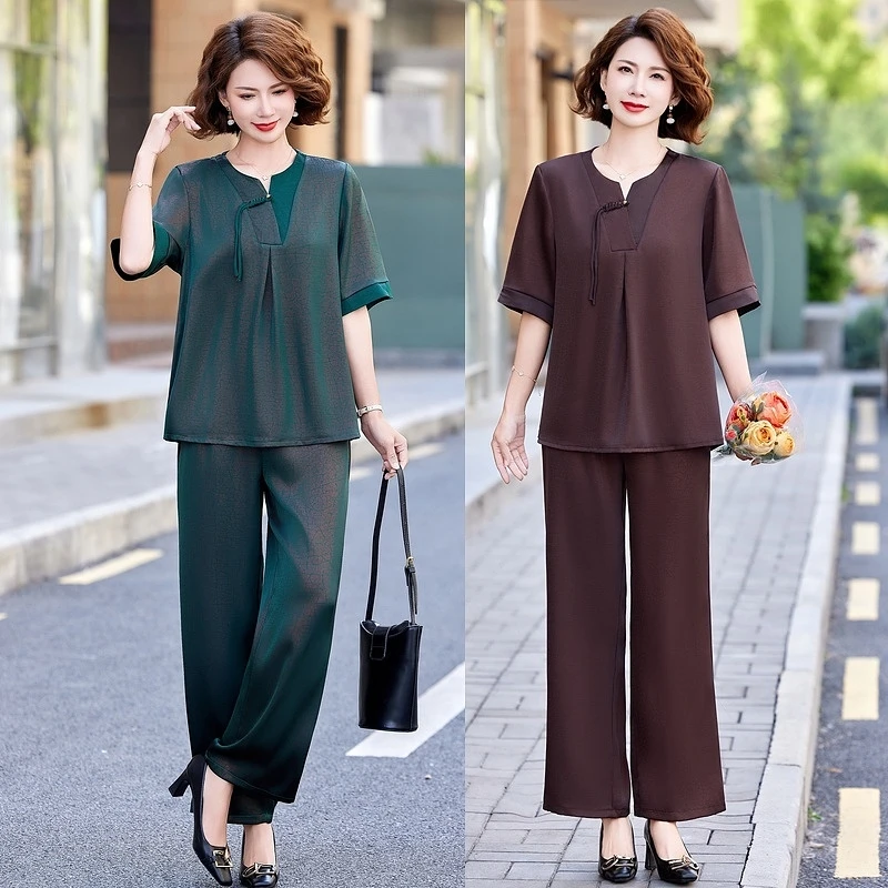妈妈夏装时尚套装2025新款中老年洋气质国风短袖t恤上衣两件套女