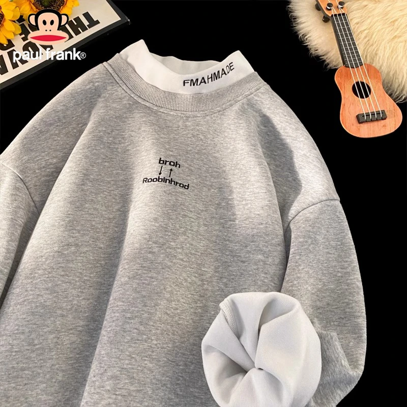 PaulFrank/大嘴猴刺綉假两件卫衣男秋冬季美式宽松青少年加绒卫衣