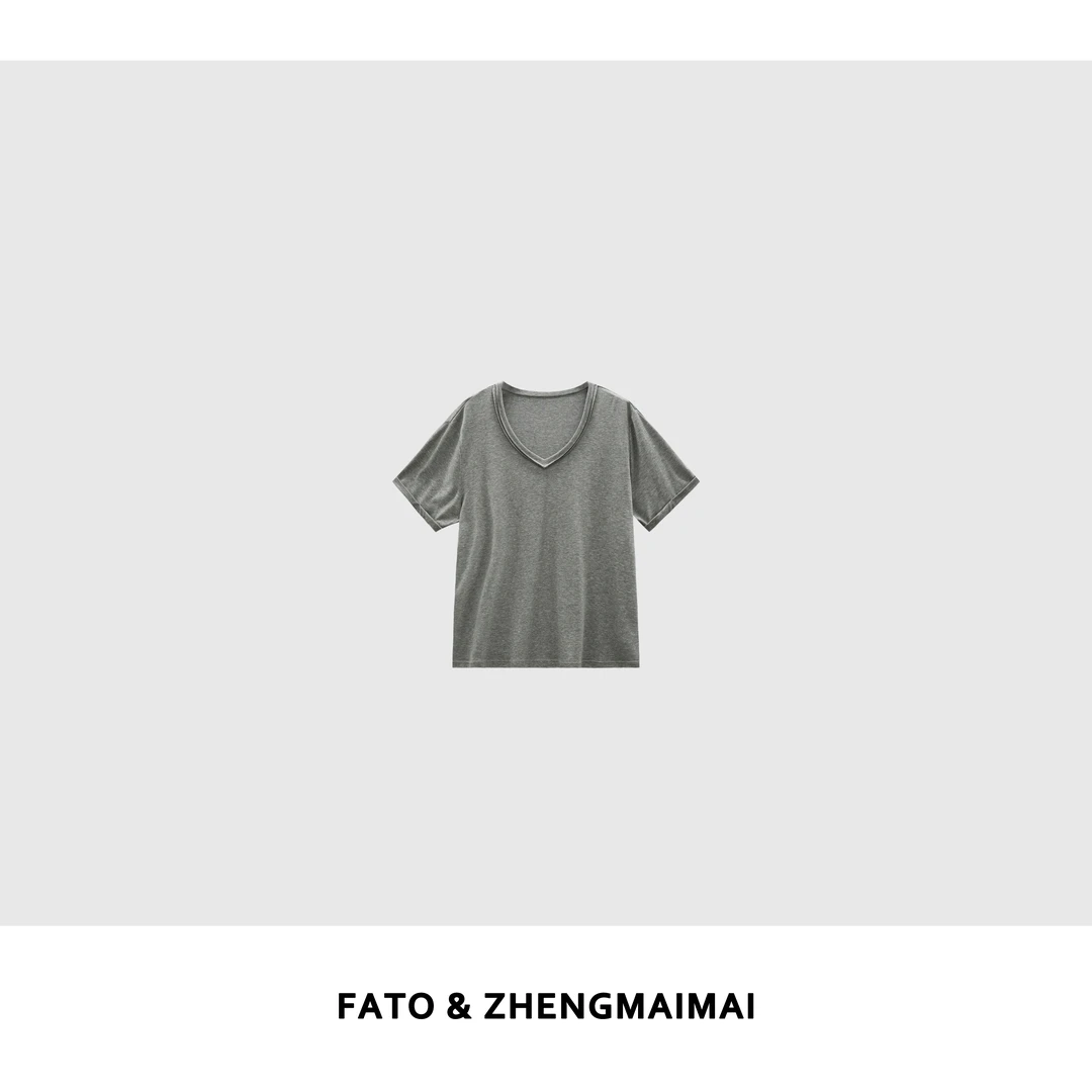 【郑买买】卷边灰衫 夏季新款老钱风简约气质v领卷边短袖 XM50510T2