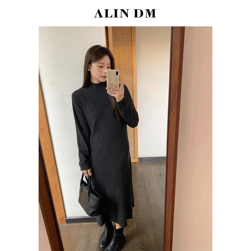 ALINDM【ALINDM年中大清仓】大码假两件设计收腰打底连衣裙 KG3915