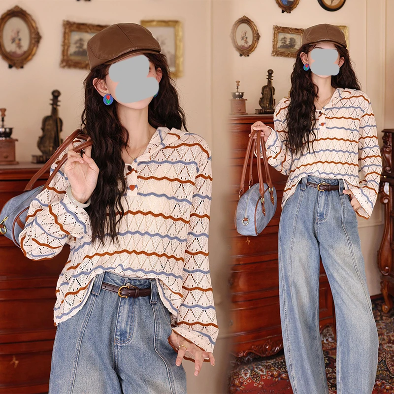 【波光映彩】港风复古条纹连帽百搭休闲针织衫2025秋季上衣女
