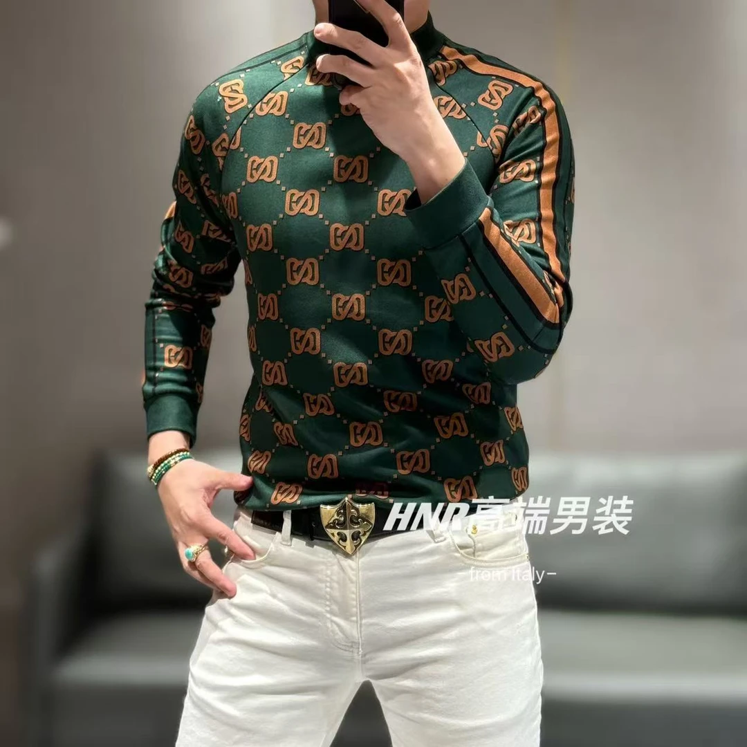 【聚热锁温】个性菱形格纹提花图案复古小众时尚休闲百搭T恤3258