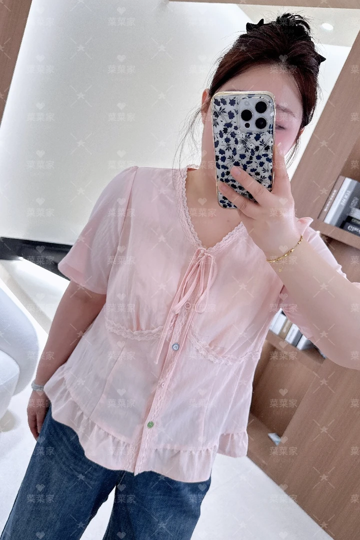 【现货不加单 菜菜家】2025年夏季新款V领蕾丝蝴蝶结短袖衬CCC11544