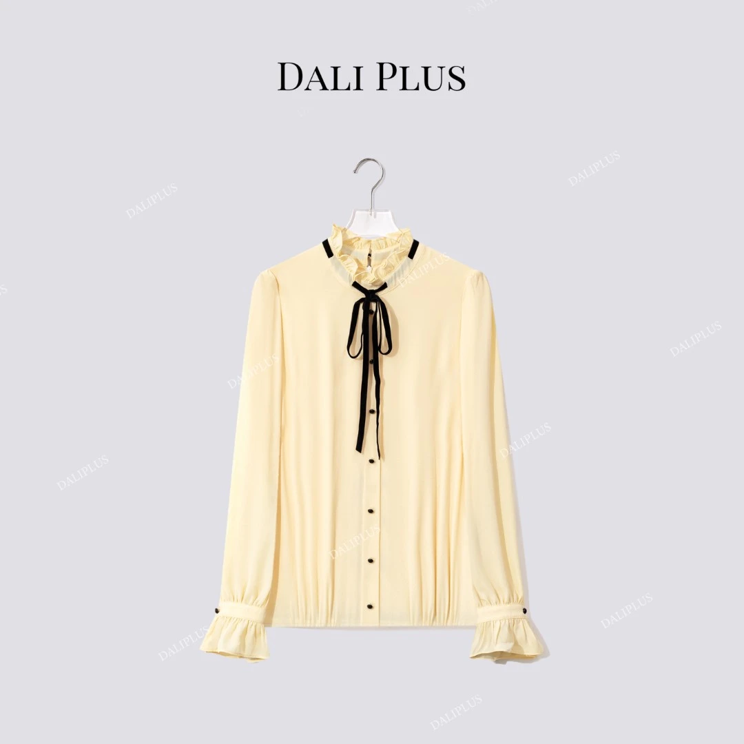DALI PLUS“小鸡黄衬衫”木耳花边穿绳系带长袖衬衫-D5SS7251