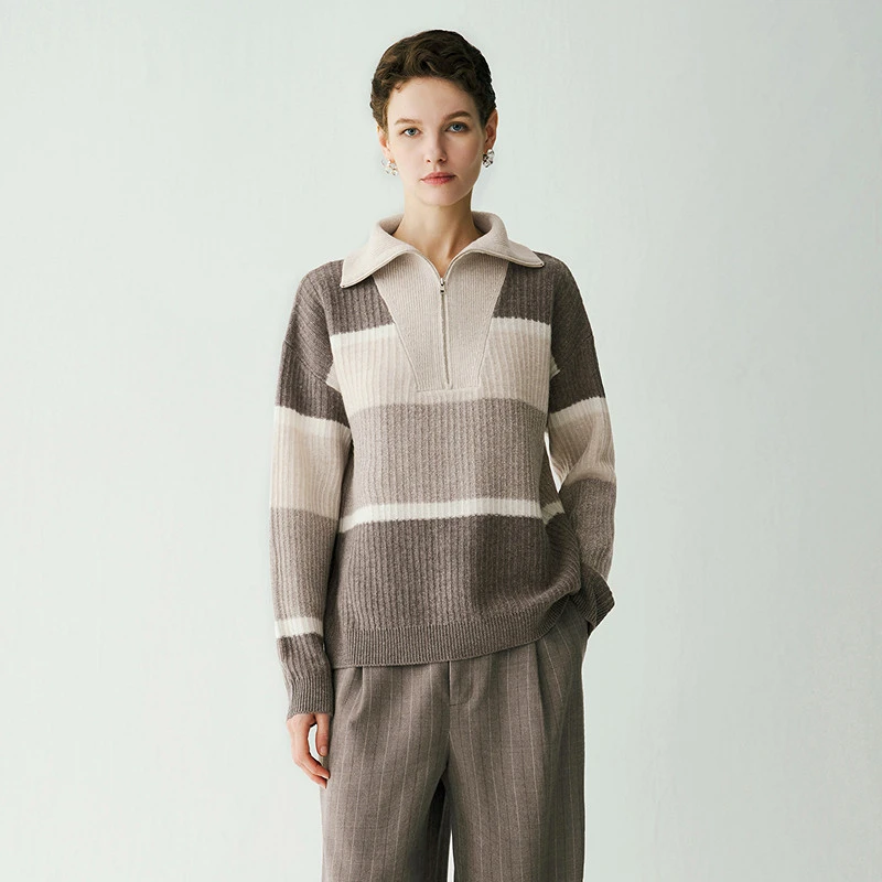 羊毛撞色条纹H型半拉链针织衫