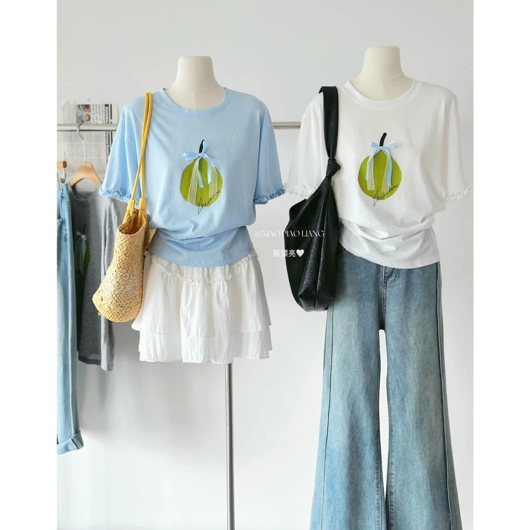 韩版水果印花撞色t恤蕾丝蝴蝶结拼接减龄通勤百搭上衣1225#0.1