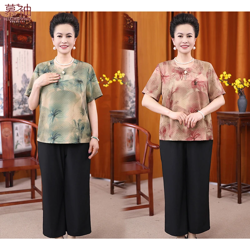 夏季新款新中式套装中老年人女装妈妈装奶奶装圆领短袖印花两件套