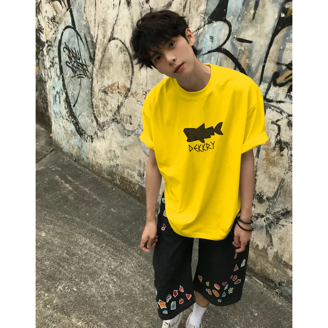 100%纯棉美式个性创意鲨鱼印花短袖T恤夏季男女百搭休闲情侣上衣