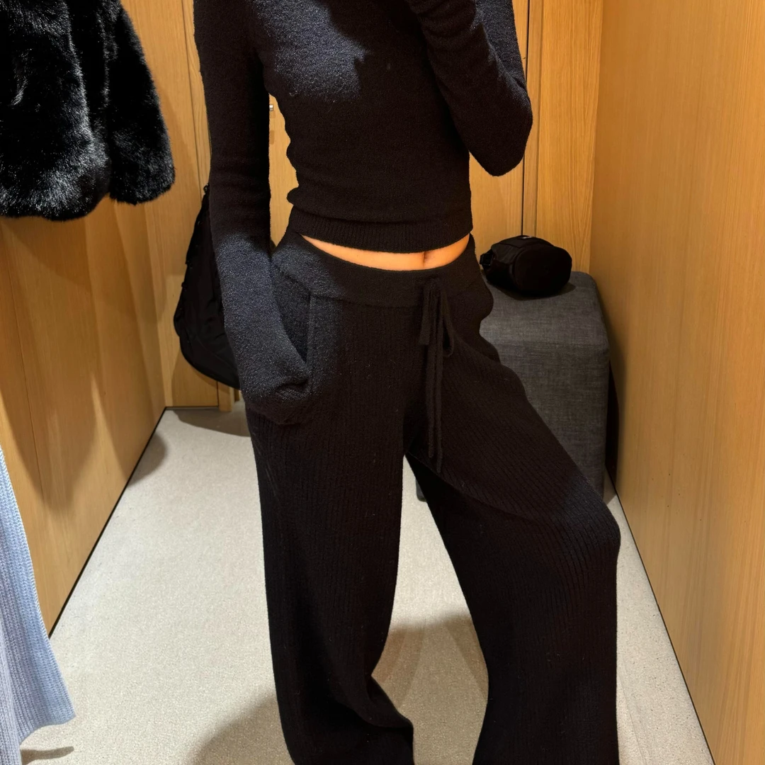 80703修身显瘦针织套装女秋冬新款高级感休闲直筒阔腿裤两件套