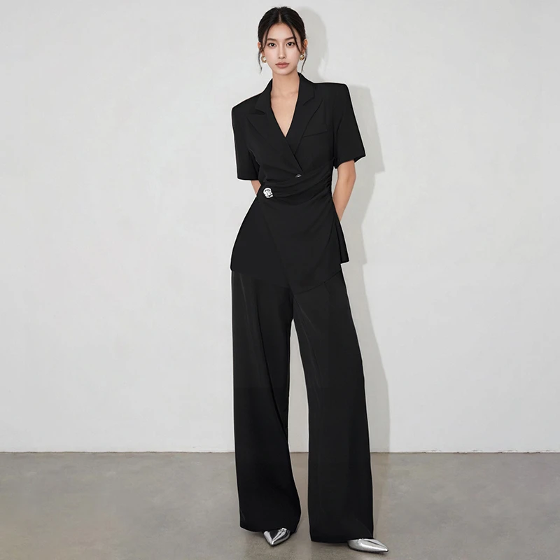 A夏季短袖西装阔腿裤两件套女薄2025法式休闲高级感休闲时尚套装