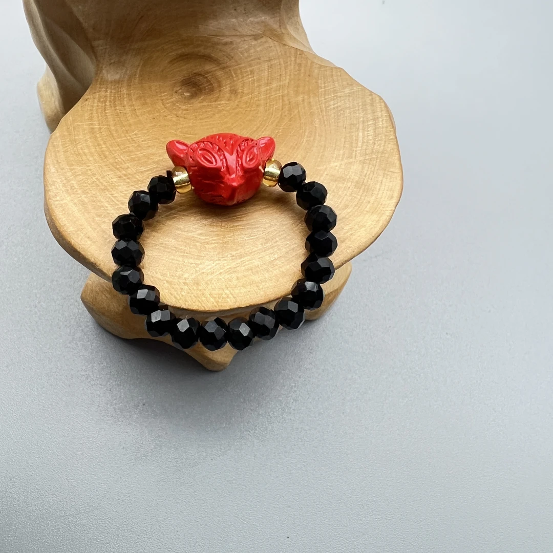 含辰砂工艺品HC194-红色雕刻狐狸戒指