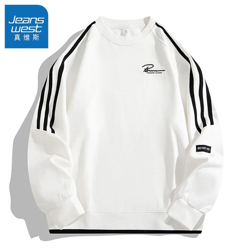 真维斯春秋季男士运动休闲三条杠卫衣潮流宽松百搭圆领长袖上衣男
