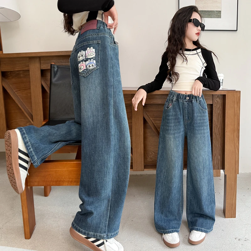 女童春秋款牛仔裤2025新款女大童洋气韩版阔腿裤女孩秋季阔腿裤潮