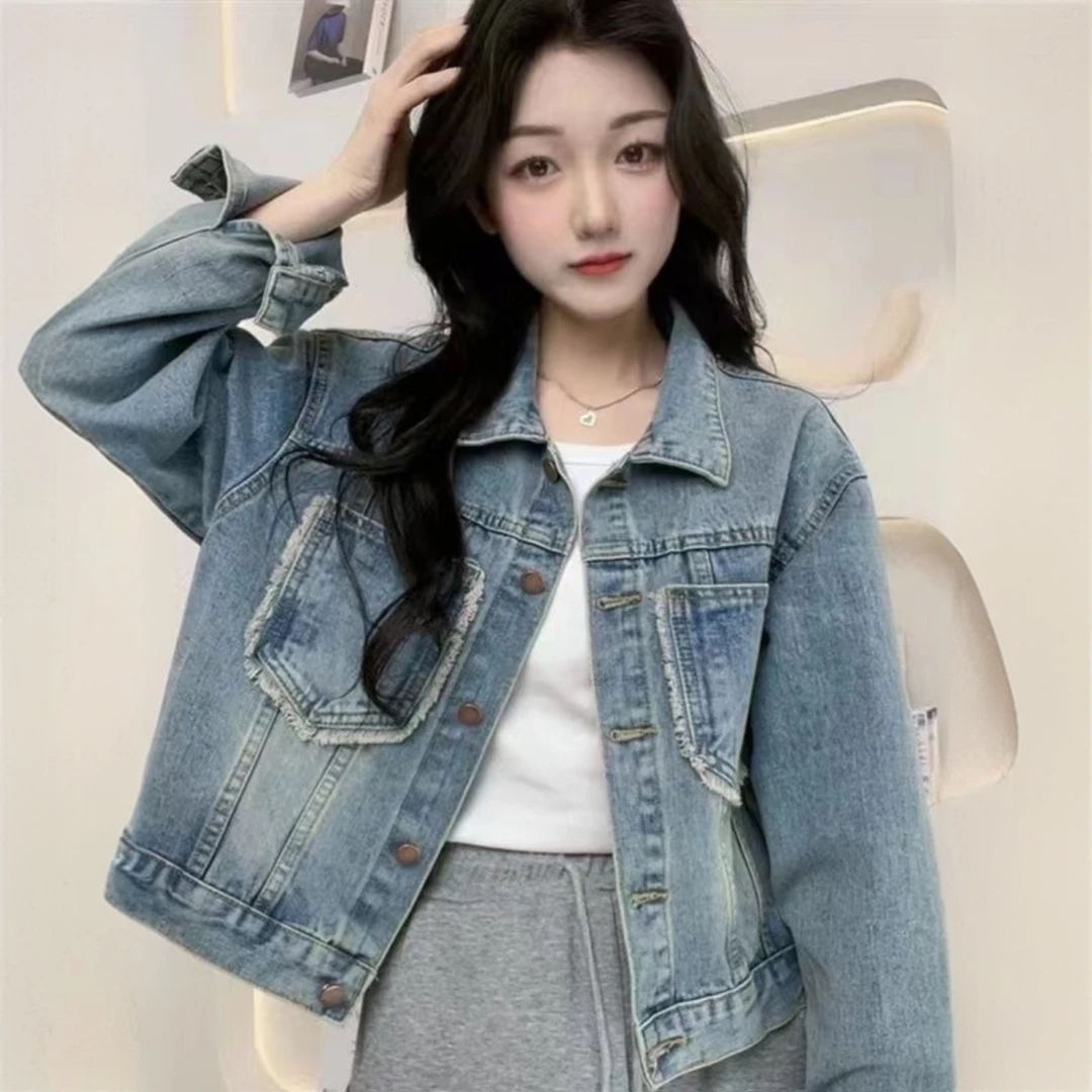 复古港风口袋毛须边牛仔外套女春秋季宽松小个子休闲百搭夹克上衣