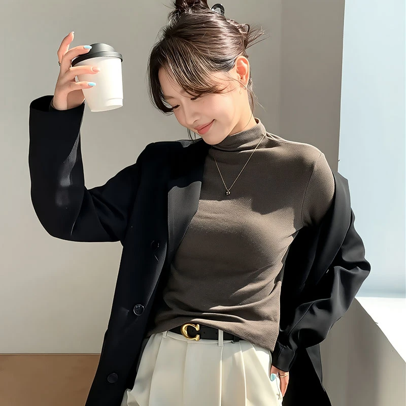 秋冬针织打底衫修身打底显瘦螺纹半高领长袖白色针织打底衫女修身