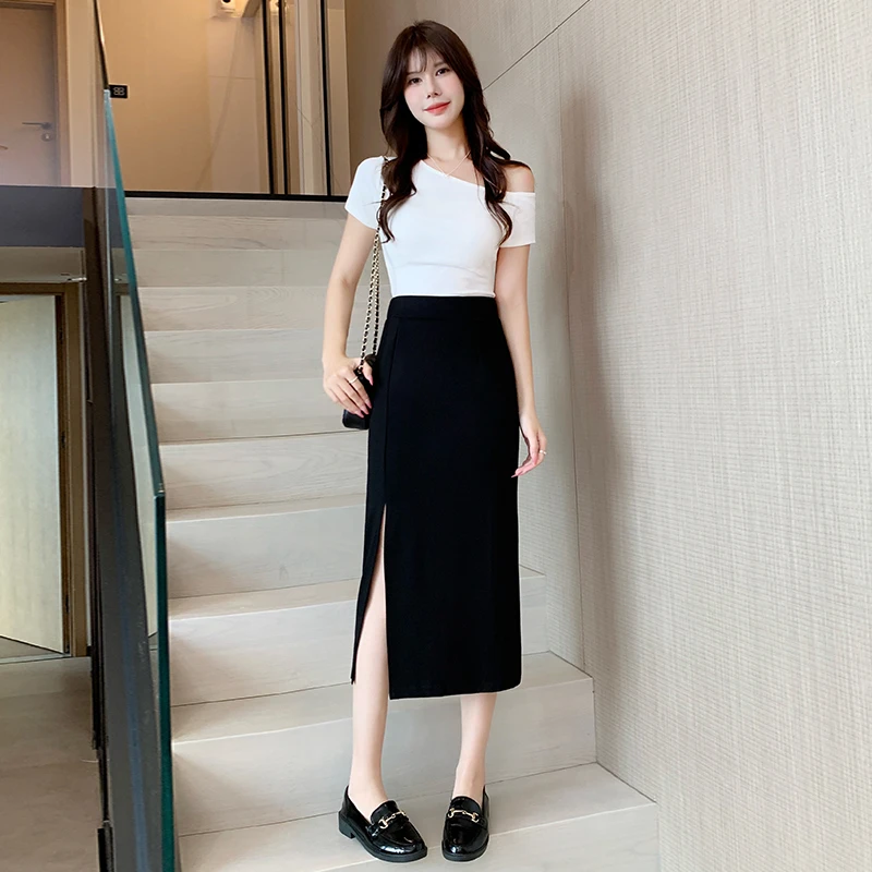 黑色开叉半身裙女夏季2025新款修身显瘦包臀裙中长高腰A字裙性感