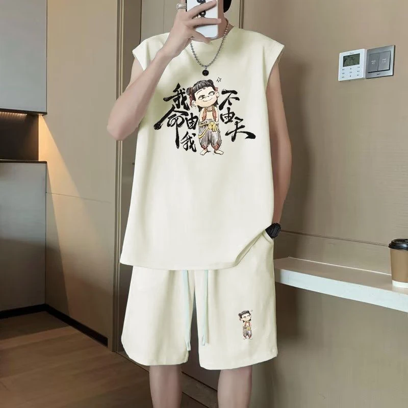 【2件套】2025年运动休闲夏季男生背心无袖套装卡通哪吒凉感薄款