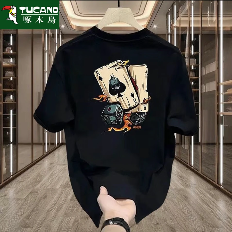 啄木鸟重磅纯棉短袖T恤男士夏季新款2025爆款休闲时尚印花圆领T恤