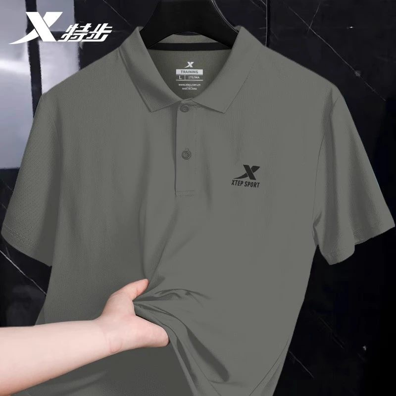 特步短袖t恤男夏季新款衬衫速干运动半袖男士翻领休闲冰丝polo衫
