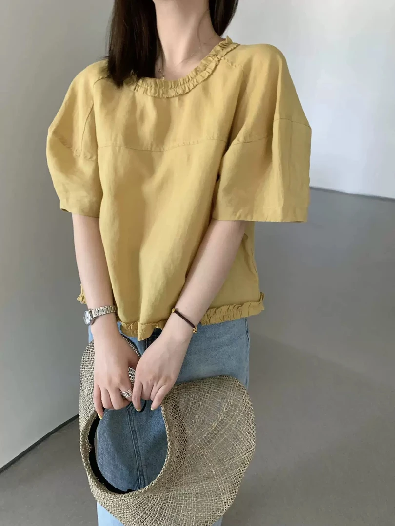 夏季棉麻小衫女韩版休闲宽松百搭显瘦短袖衬衫