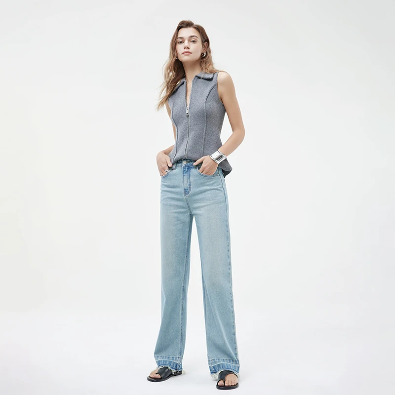 集也时尚百搭弹力拖地牛仔裤女2025春季新款宽松显瘦高腰阔腿长裤