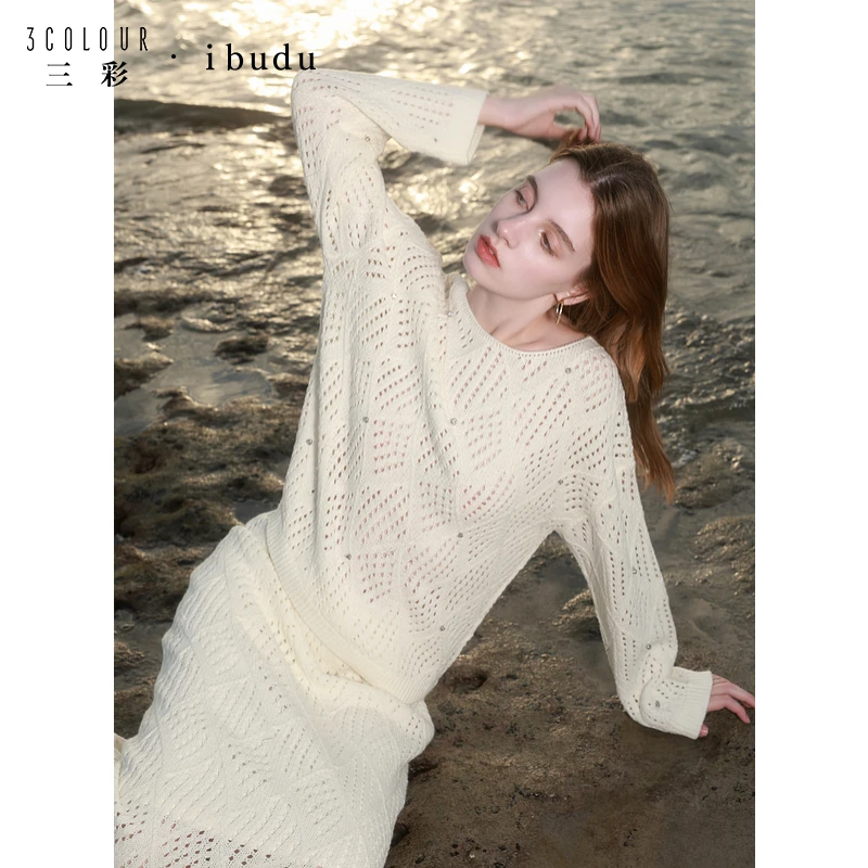 三彩ibudu2025春季新款镂空针织衫半身裙两件套女休闲长裙套装
