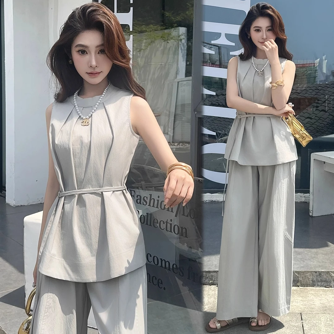 气质套装女2025夏季新款宽松显瘦百搭无袖上衣休闲阔腿裤两件套潮