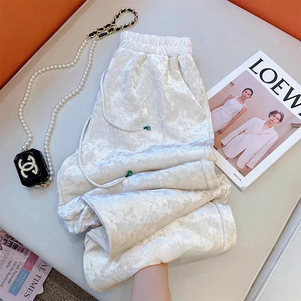 新中式国风丝绒裤子女春秋2025新款高级感直筒宽松垂感休闲阔腿裤