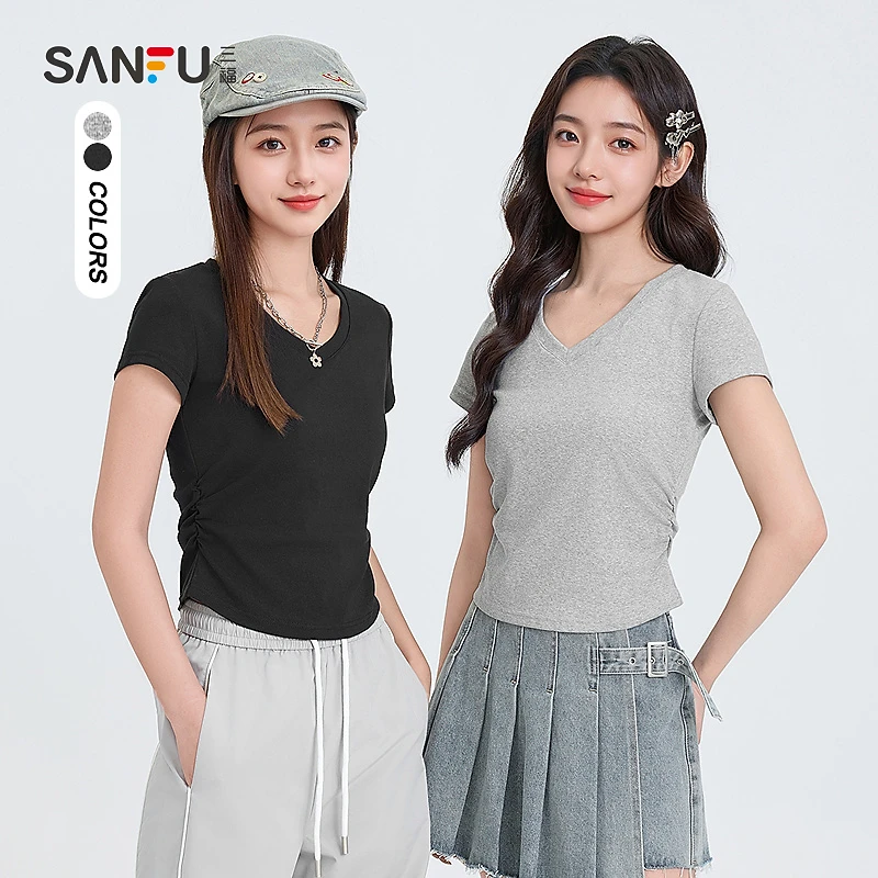 三福 短t恤2025夏季褶皱设计V领修身短款上衣短袖女装495645