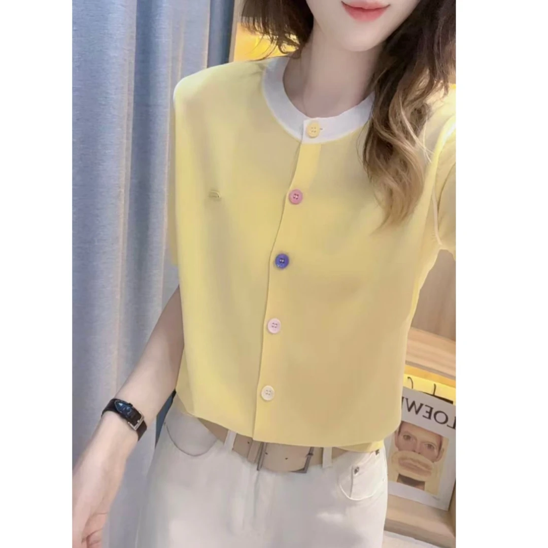 JL【撞色彩扣圆领短袖开衫】2025夏季新款时尚短袖针织衫上衣