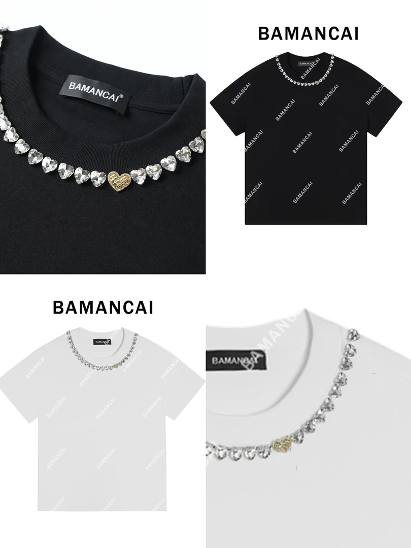 Bamancai-高级感重工爱心钻钻短袖T恤女夏季新款时尚简约宽松上衣