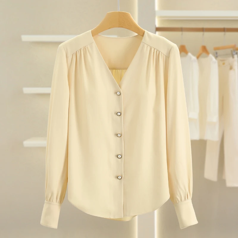 B2046-【仿】单排扣V领修身雪纺衬衫#1ZFF57S018