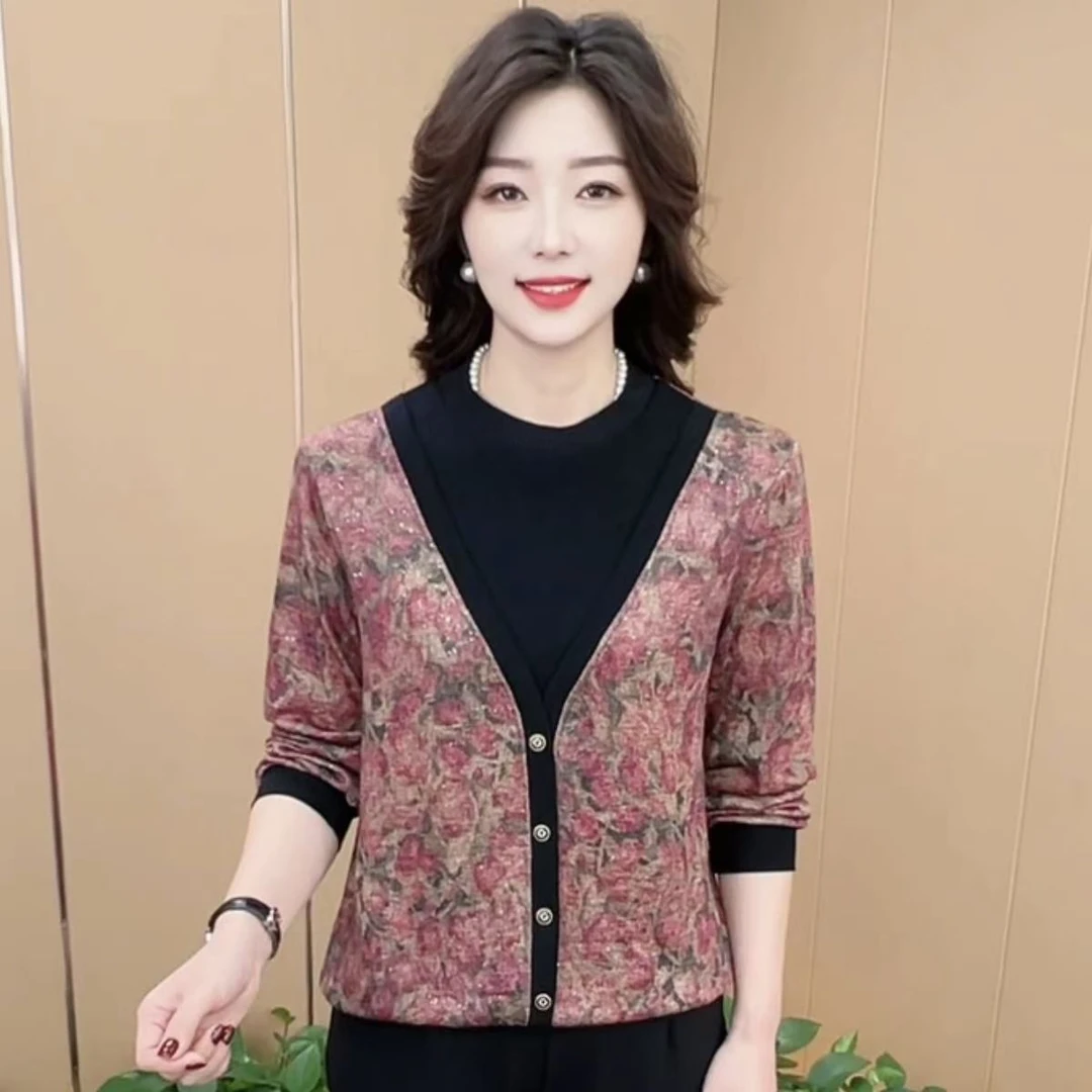 秋季新款时尚圆领假两件洋气妈妈装宽松显瘦休闲百搭长袖上衣K917