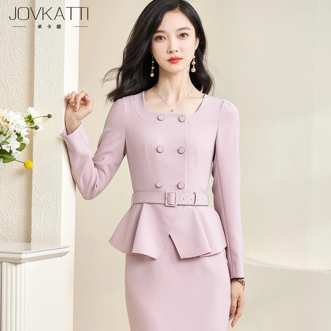 Jovkatti2025秋季新款气质优雅方领长袖包臀裙假两件粉色连衣裙