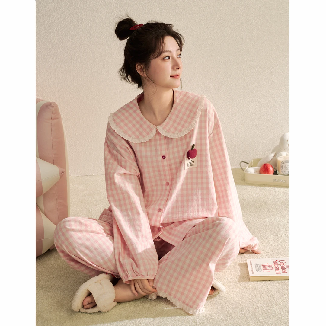 陌娇“粉系格子”春秋睡衣女款舒适亲肤纯棉长袖甜美娃娃领居家服