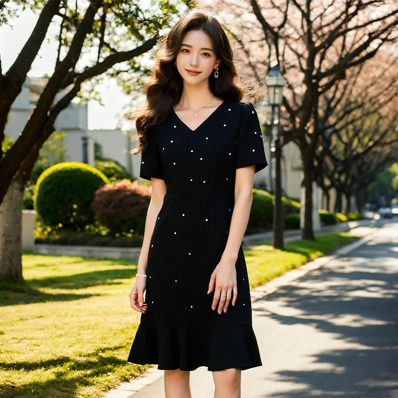 奢姿大码女装2025夏季气质V领设计连衣裙胖妹妹钉珠装饰时尚裙子