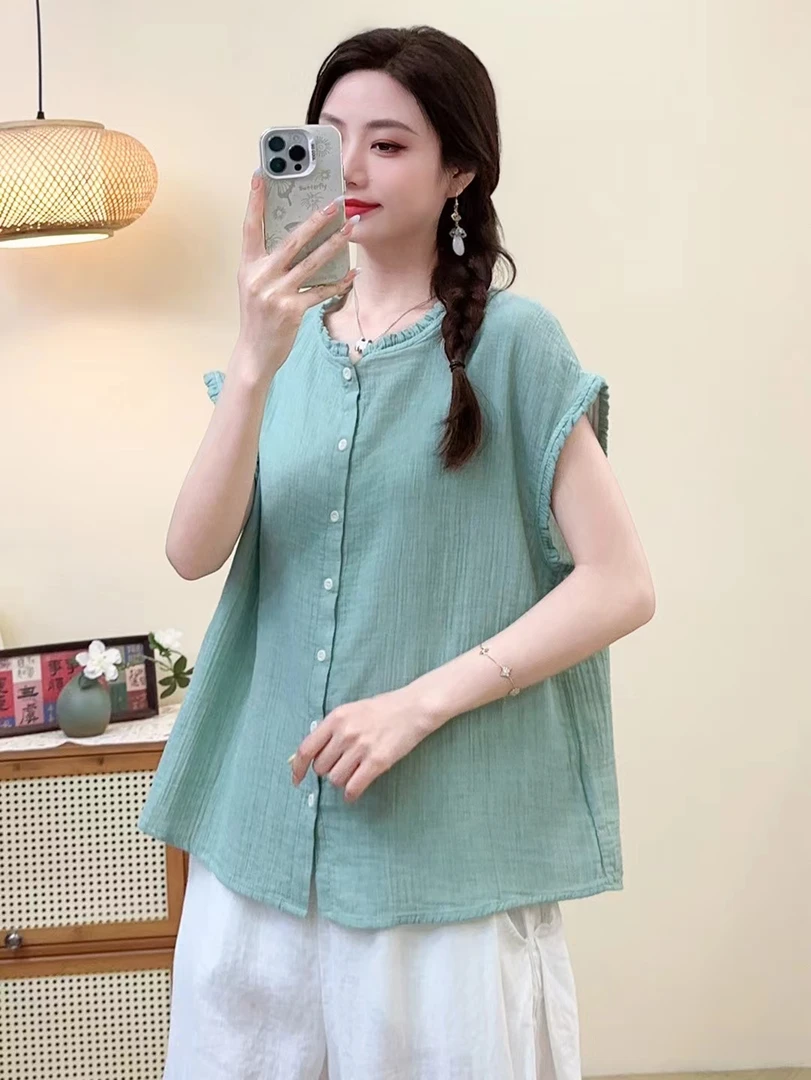 木耳边夏季无袖棉纱文艺百搭休闲小衫