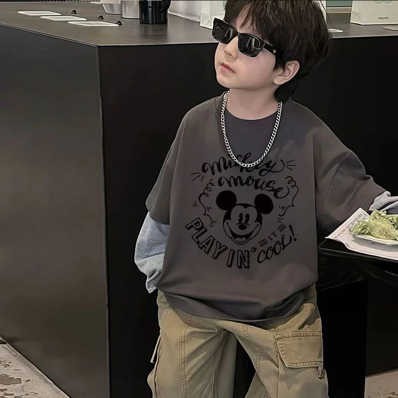 100%纯棉男童长袖T恤春秋新款儿童假两件洋气帅气外穿上衣打底潮t