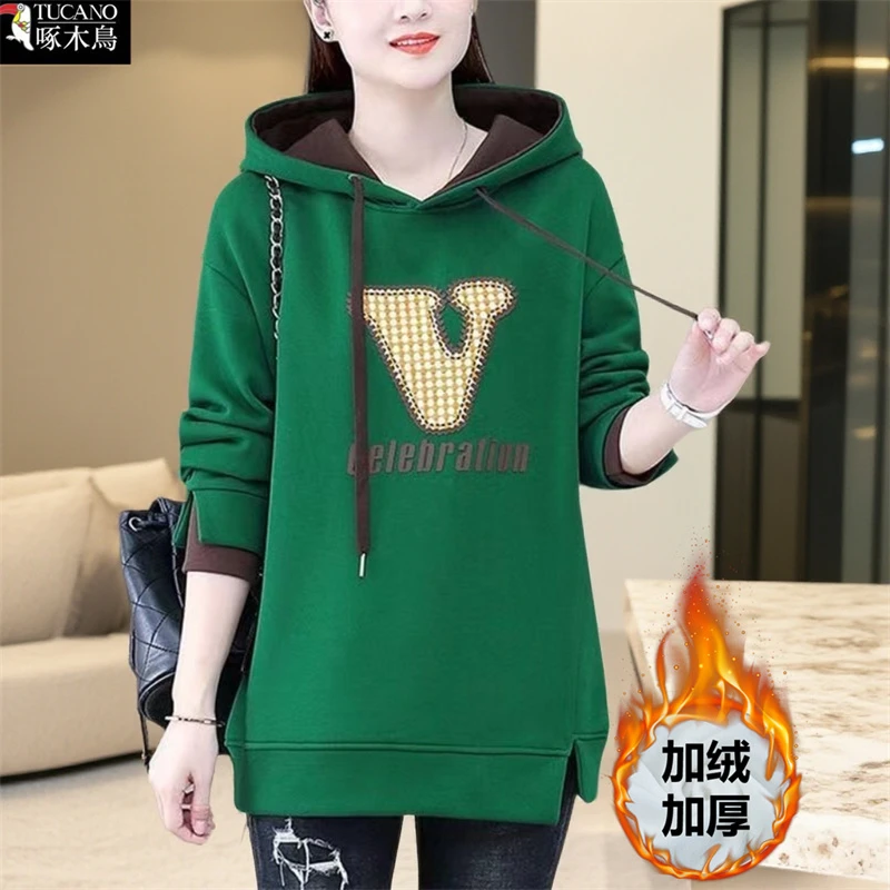 啄木鸟正品2025连帽女士秋冬季加绒保暖卫衣韩版加厚时尚百搭上衣