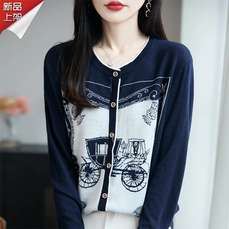 品牌官方秋冬季精仿羊毛薄款长袖针织衫时尚马车复古圆领上衣女