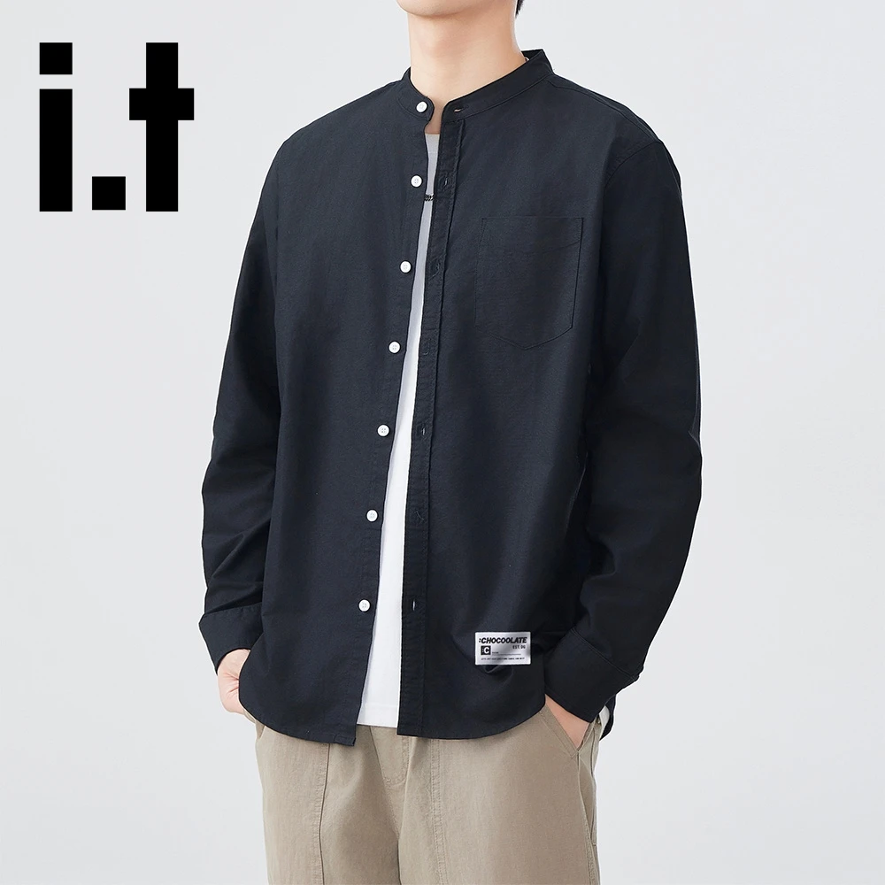 it:CHOCOOLATE黑色立领长袖衬衫秋季上新宽松百搭休闲潮流衬衣