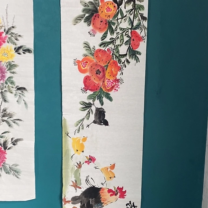 国画四尺对开手绘花鸟