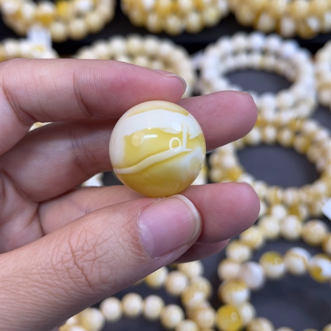 蜜蜡未镶嵌手链22.5mm橘黄高瓷白妖花